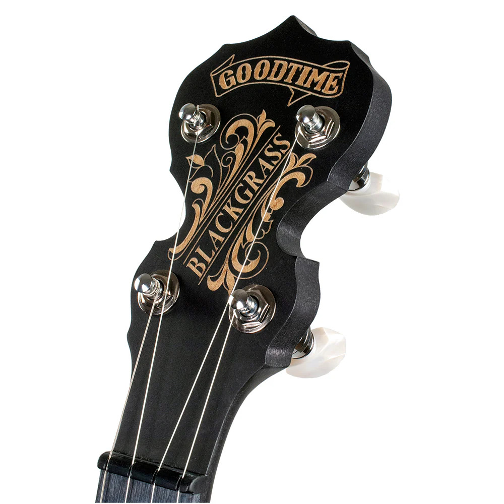 Deering Goodtime Blackgrass banjo peghead with engraved Blackgrass logo