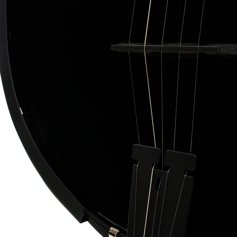 Deering Goodtime Blackgrass banjo tailpiece and bridge detail on black head