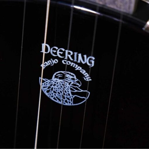 Deering Blackgrass Special banjo Deering Banjo Company eagle logo on black head close-up