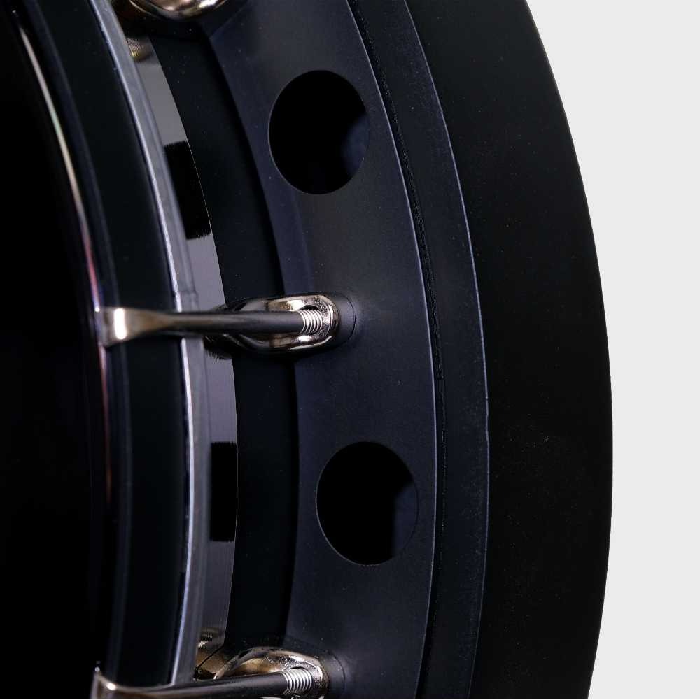 Deering Blackgrass Special banjo matte black flange with sound holes and J-hooks close-up