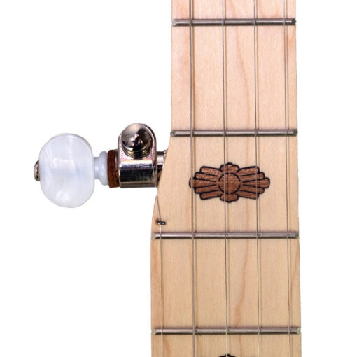 Deering Goodtime Two banjo geared 5th string tuner and Art Deco hardwood inlay on maple fingerboard