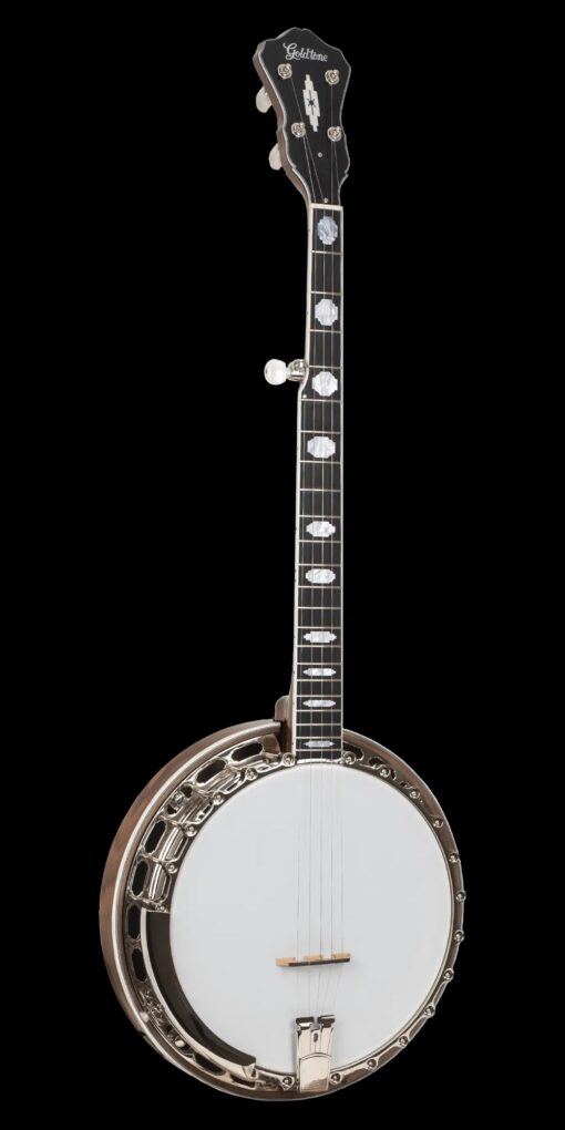 Gold Tone OB-12 Top Tension banjo full front view showing walnut resonator, Art Deco Style 12 inlays, and one-piece cast flange