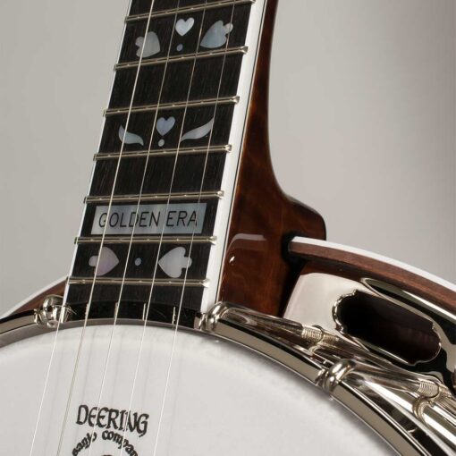 Deering Golden Era banjo Golden Era name plaque at 21st fret with hearts and flowers mother of pearl inlays on ebony fingerboard