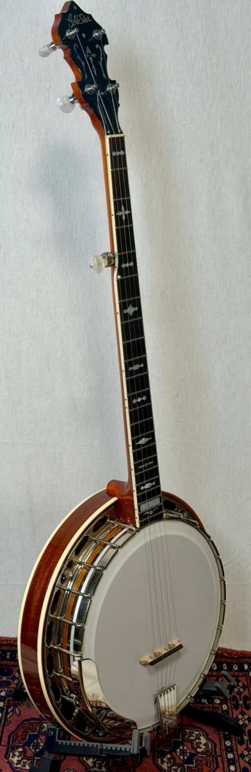Gold Star GF-85 parts banjo front three-quarter angle showing mahogany neck and resonator