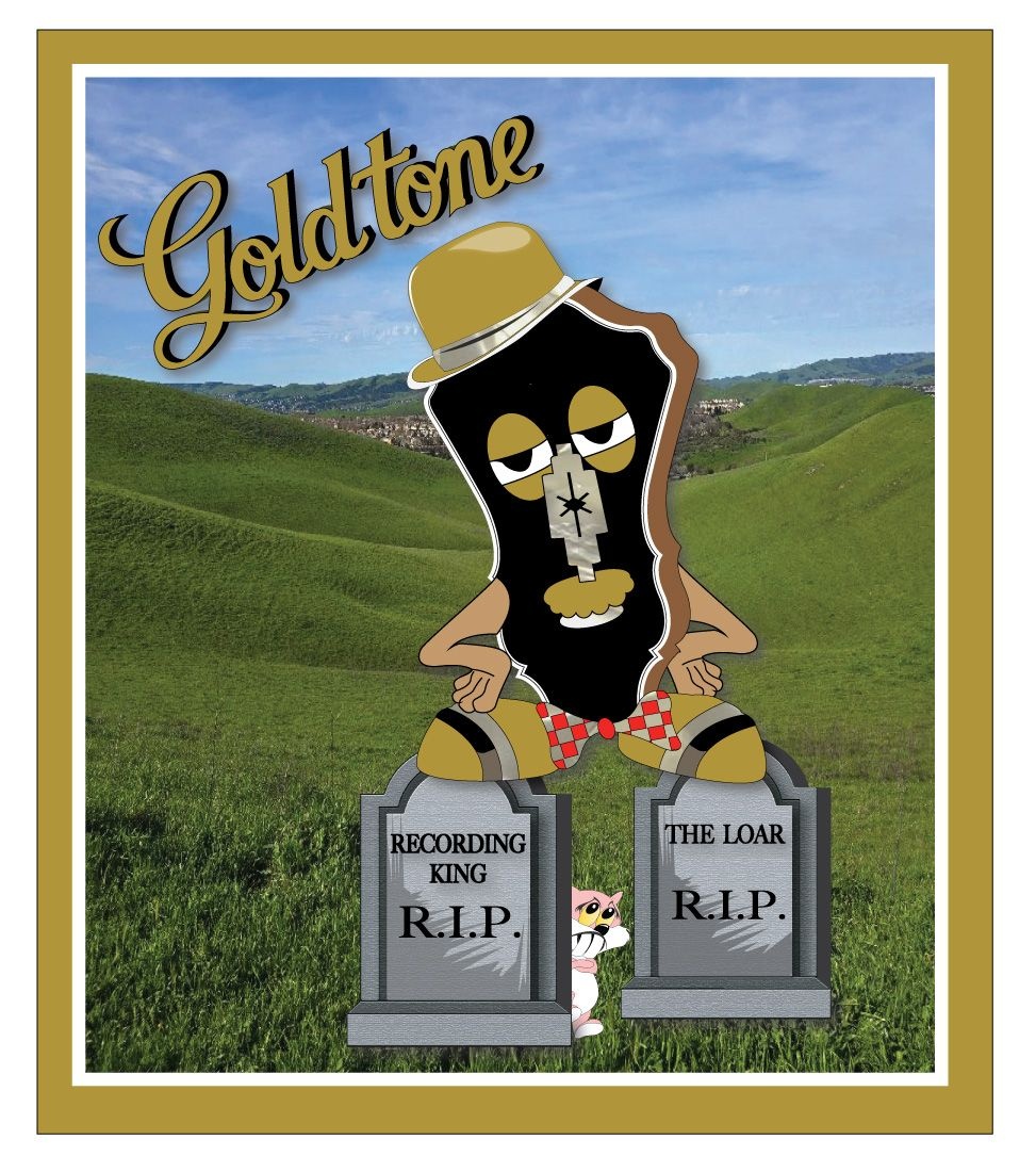 Greg Rich Gold Tone artwork featuring banjo peghead character standing over Recording King and The Loar tombstones