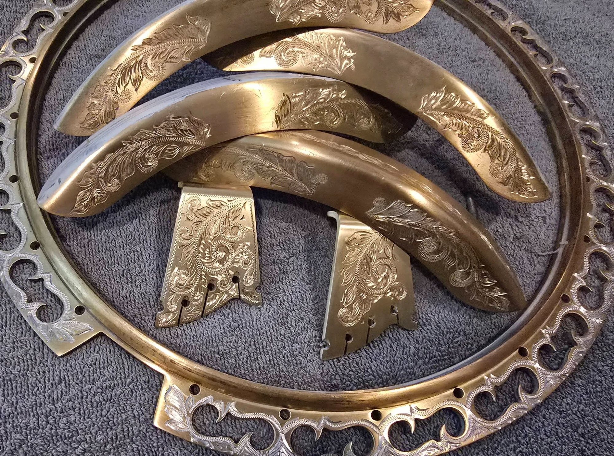 Greg Rich hand-engraved OME Ikon banjo flange, armrest, and tone ring components