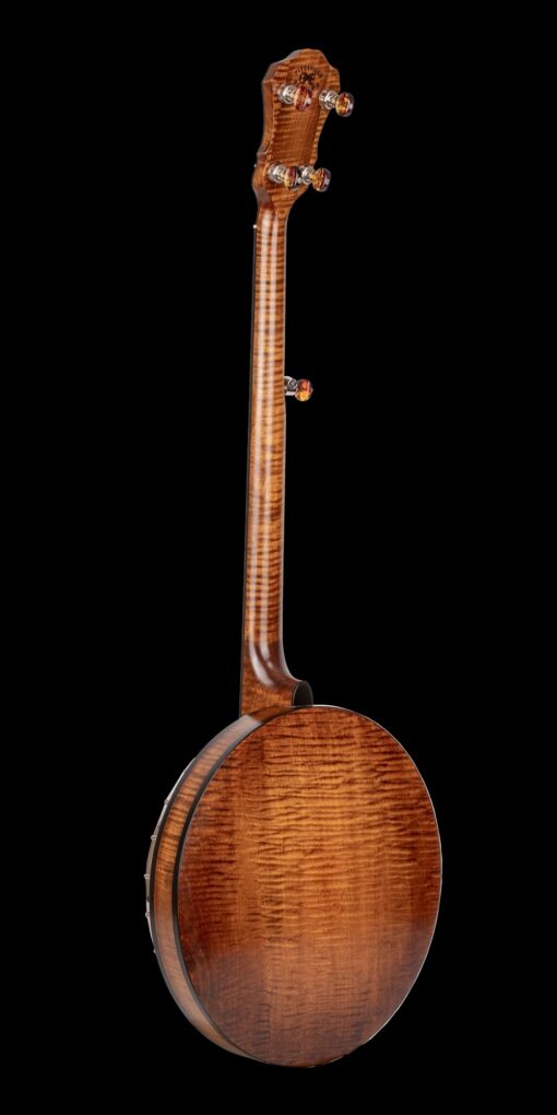 OME Ikon resonator banjo full back view showing curly maple resonator neck and Titusville Florida peghead stamp