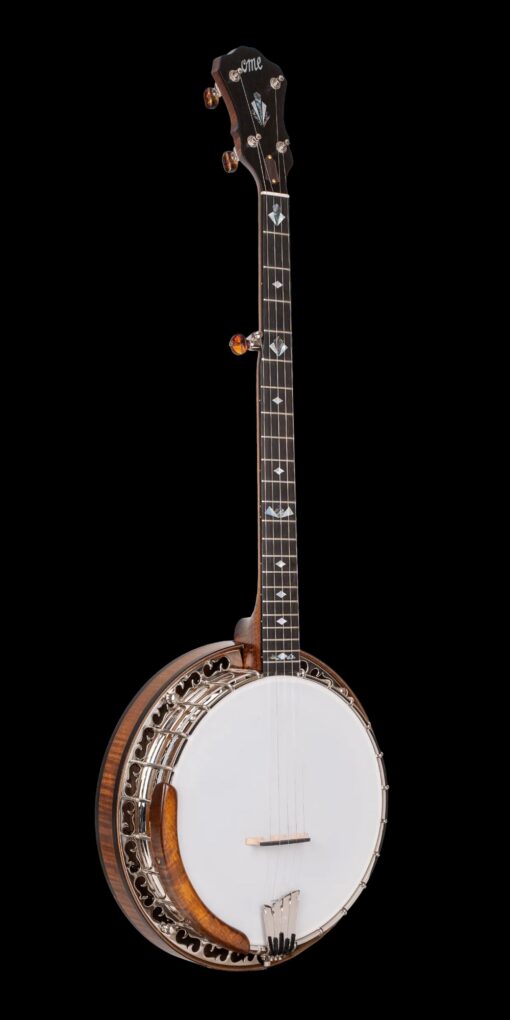 OME Ikon resonator banjo full front view with art deco mother of pearl inlays JLS tone ring and curly maple