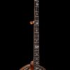 OME Ikon resonator banjo full neck view with art deco mother of pearl and abalone inlays on ebony fingerboard and Rickard Cyclone tuner