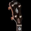 OME Ikon resonator banjo front peghead with OME logo and art deco mother of pearl and abalone inlay with Rickard Cyclone tuners