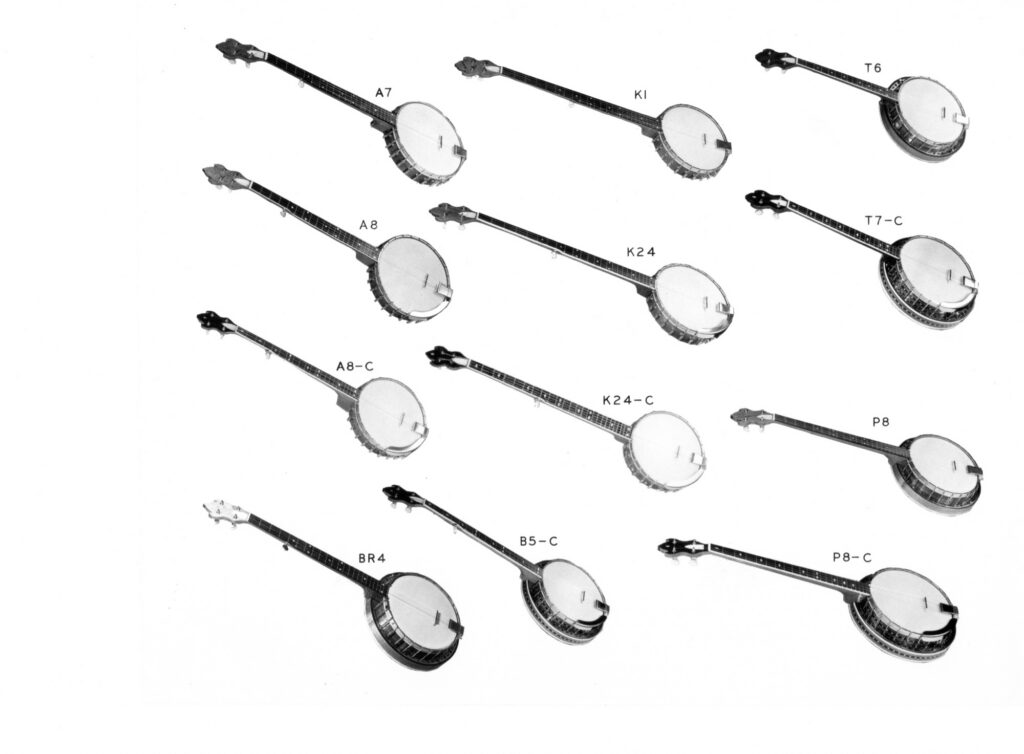 Original Salstrom Banjo Company product illustrations showing models A7, A8, A8-C, K1, K24, K24-C, T6, T7-C, BR4, B5-C, P8, and P8-C, Oregon Illinois 1960s