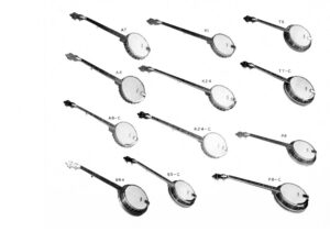 Original Salstrom Banjo Company product illustrations showing models A7, A8, A8-C, K1, K24, K24-C, T6, T7-C, BR4, B5-C, P8, and P8-C, Oregon Illinois 1960s