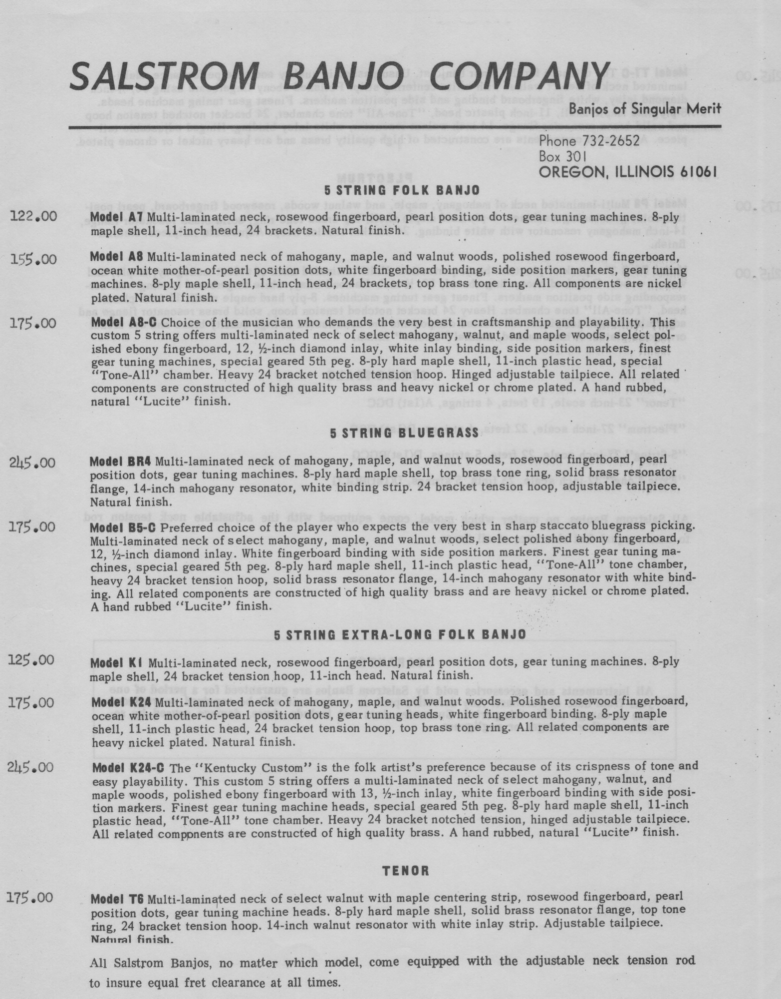 Original Salstrom Banjo Company price list and specifications for 5-string folk and bluegrass models including A7, A8, A8-C, BR4, B5-C, K1, K24, and K24-C, Oregon Illinois