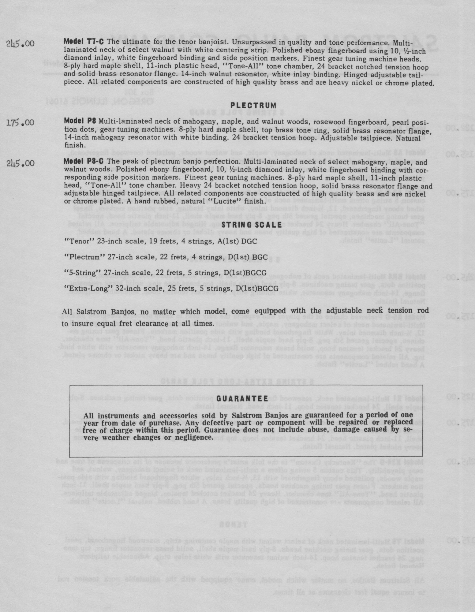 Original Salstrom Banjo Company price list showing tenor model T7-C, plectrum models P8 and P8-C, string scale specifications, and guarantee, Oregon Illinois
