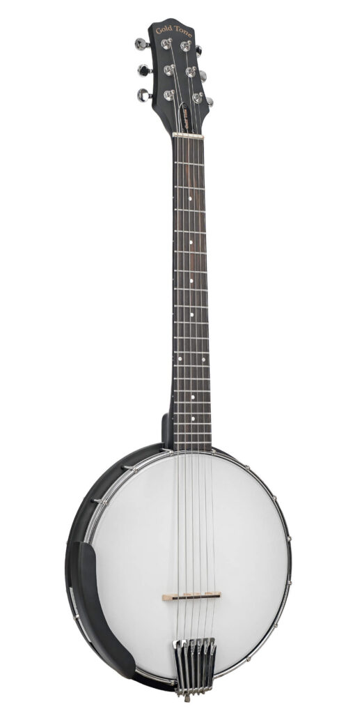 Gold Tone AC-6 Mini 6-string banjitar with black composite rim and satin black neck, full front view