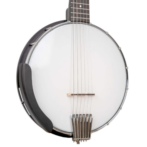 Pot of the Gold Tone AC-6 Mini banjitar showing the Remo head, composite rim, and black wooden armrest