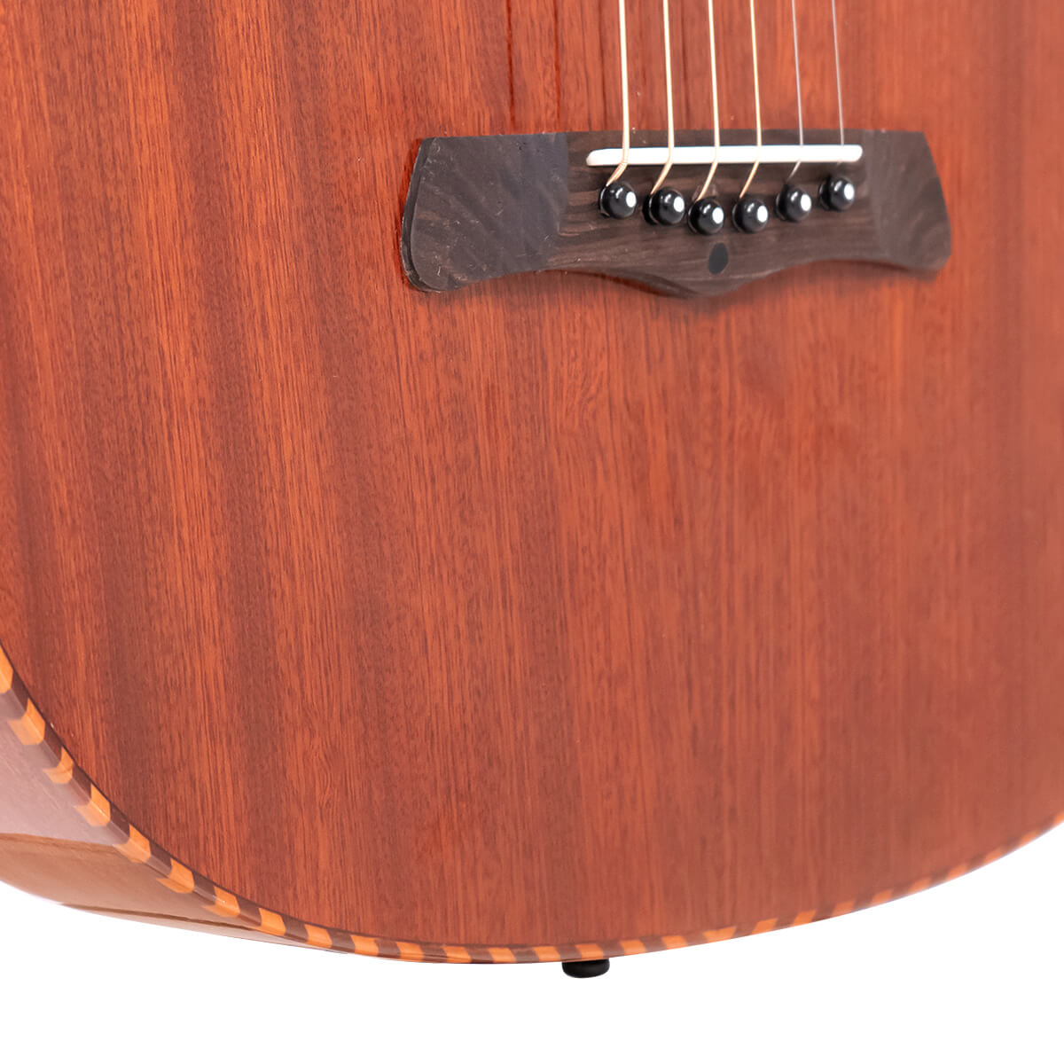 Ebony bridge with bone saddle on the solid mahogany top of a Gold Tone SM-Weissenborn Plus slide guitar