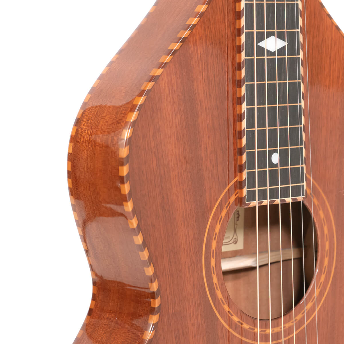 Upper bout and hollow square neck of the Gold Tone SM-Weissenborn Plus with maple and mahogany rope binding