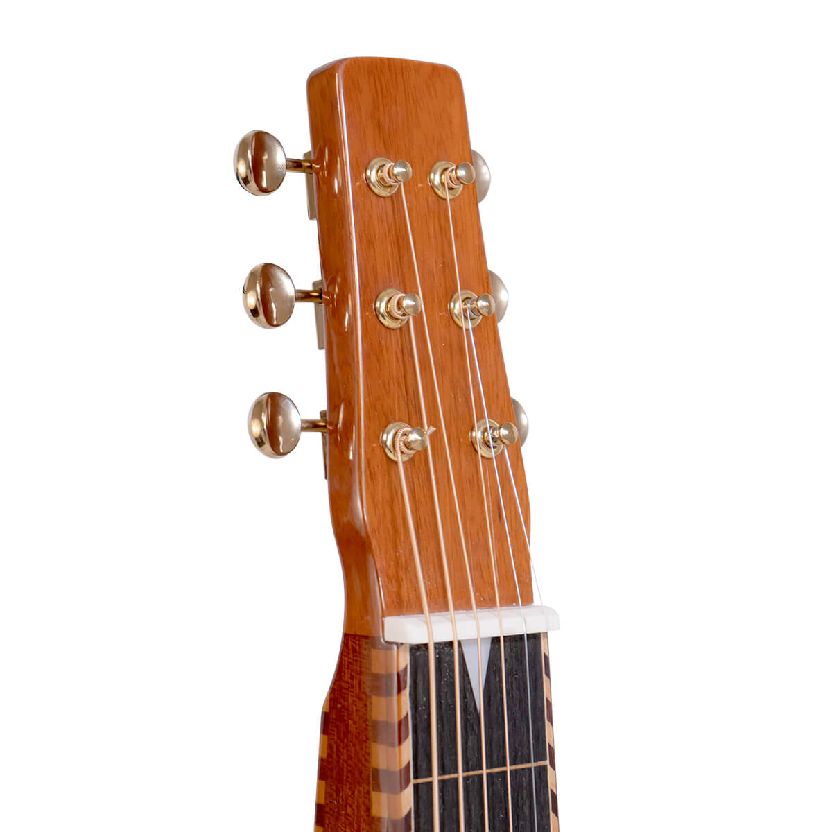 Headstock of the Gold Tone SM-Weissenborn Plus with gold Kluson-style tuners and gold buttons