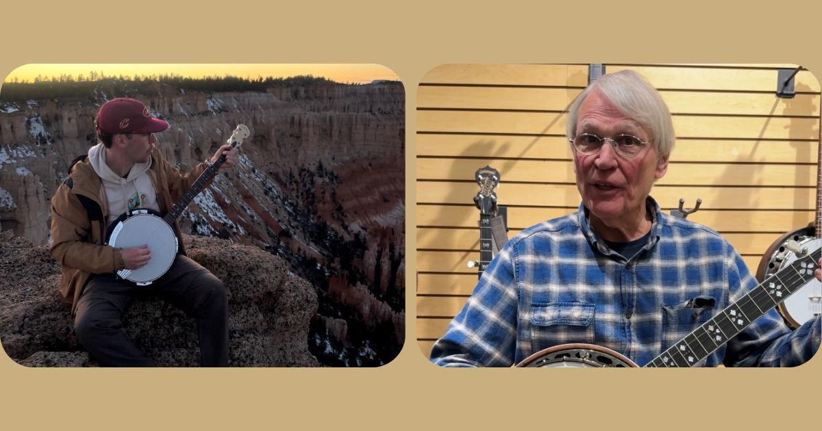 Geoff Hohwald with a Deering Golden Era at the Deering factory in Spring Valley California, and Jake Welter with a Gold Tone CC-100R at Bryce Canyon