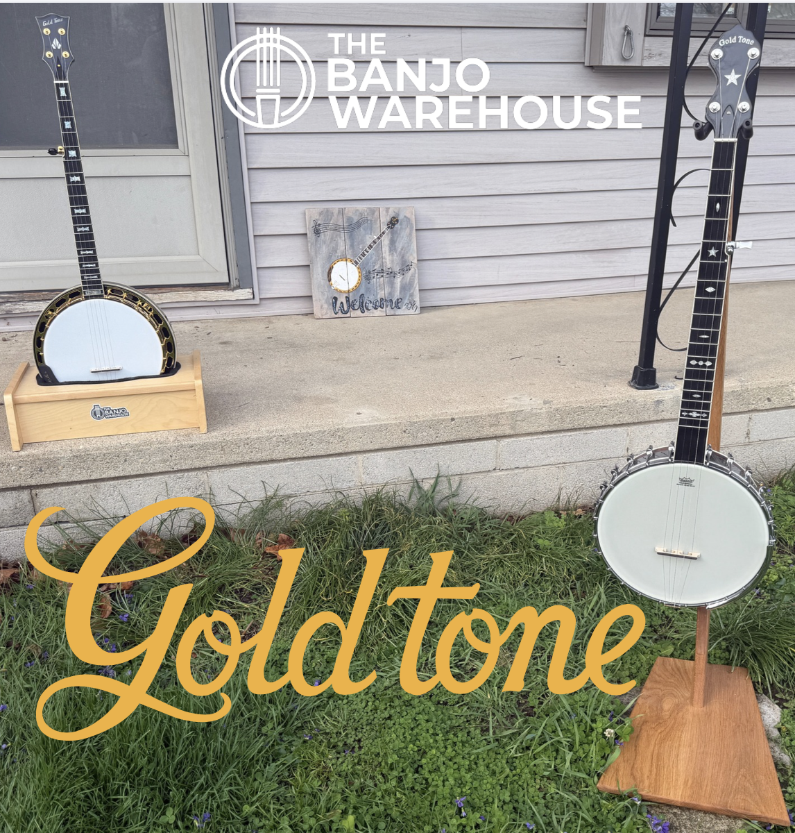 Gold Tone OB-2 JM and OT-800L banjos displayed in front of Banjo Warehouse in Yellow Springs Ohio with purple wildflowers for National Banjo Day sale