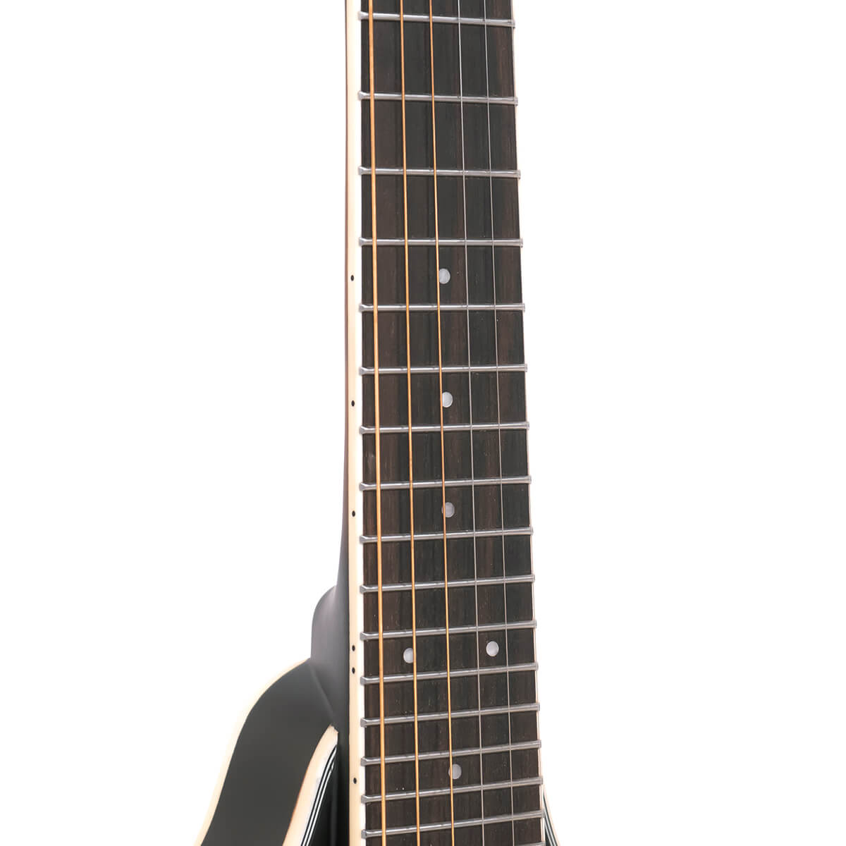 Gold Tone A-6 mando-guitar neck detail showing radiused rosewood fingerboard and dot inlays