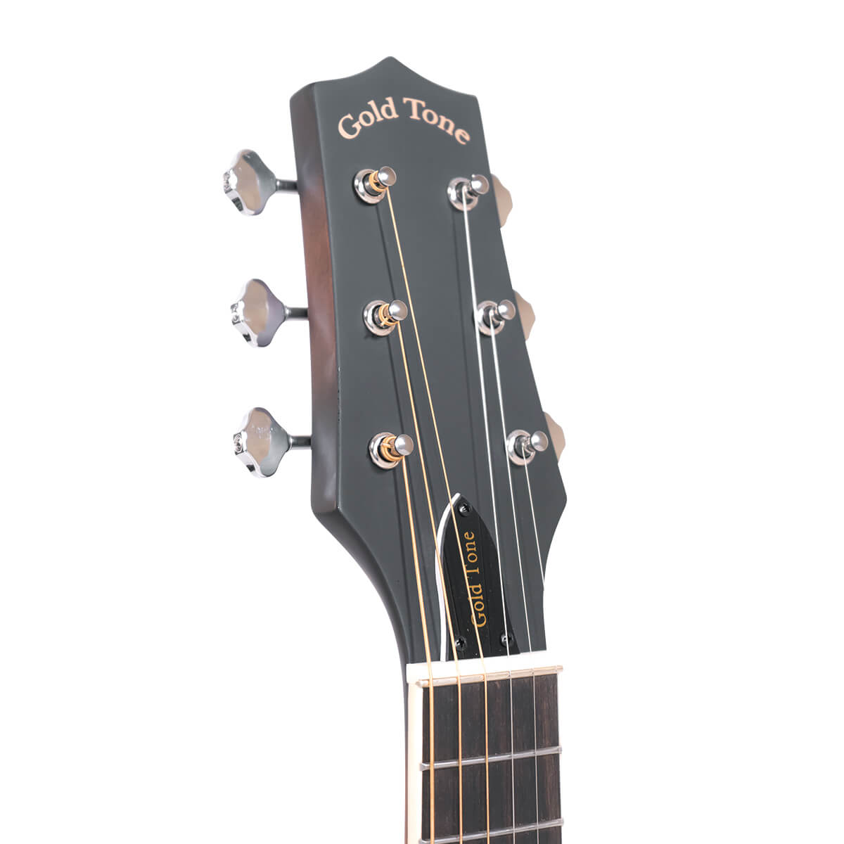 Gold Tone A-6 mando-guitar headstock front view with open-gear guitar-style chrome tuners