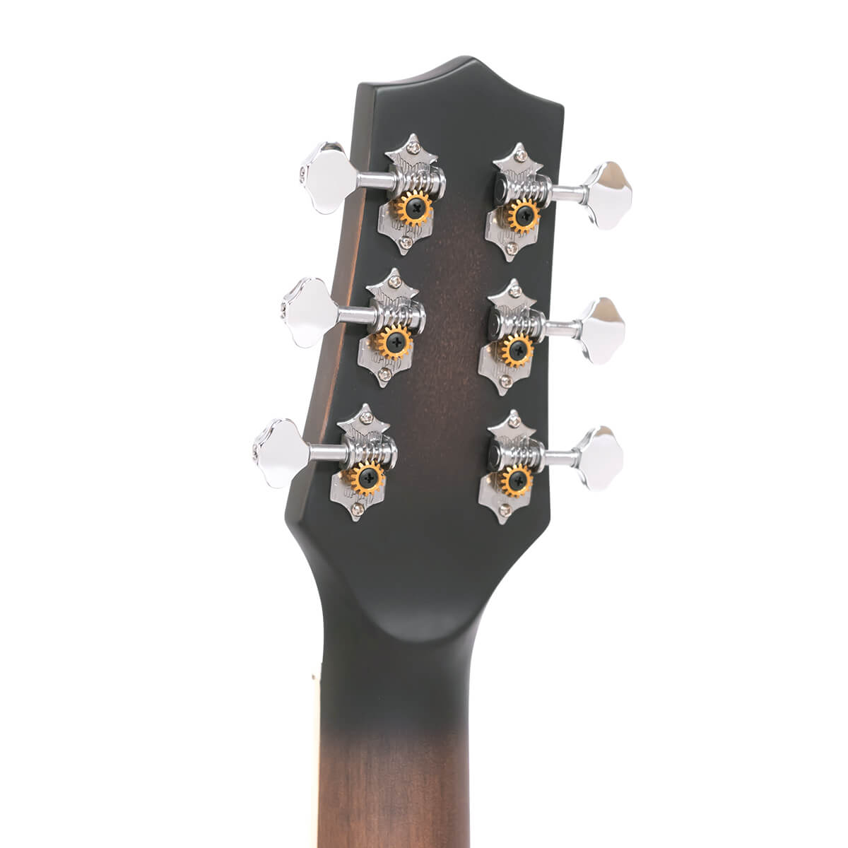 Gold Tone A-6 mando-guitar headstock side angle showing Zero Glide nut and tuner buttons