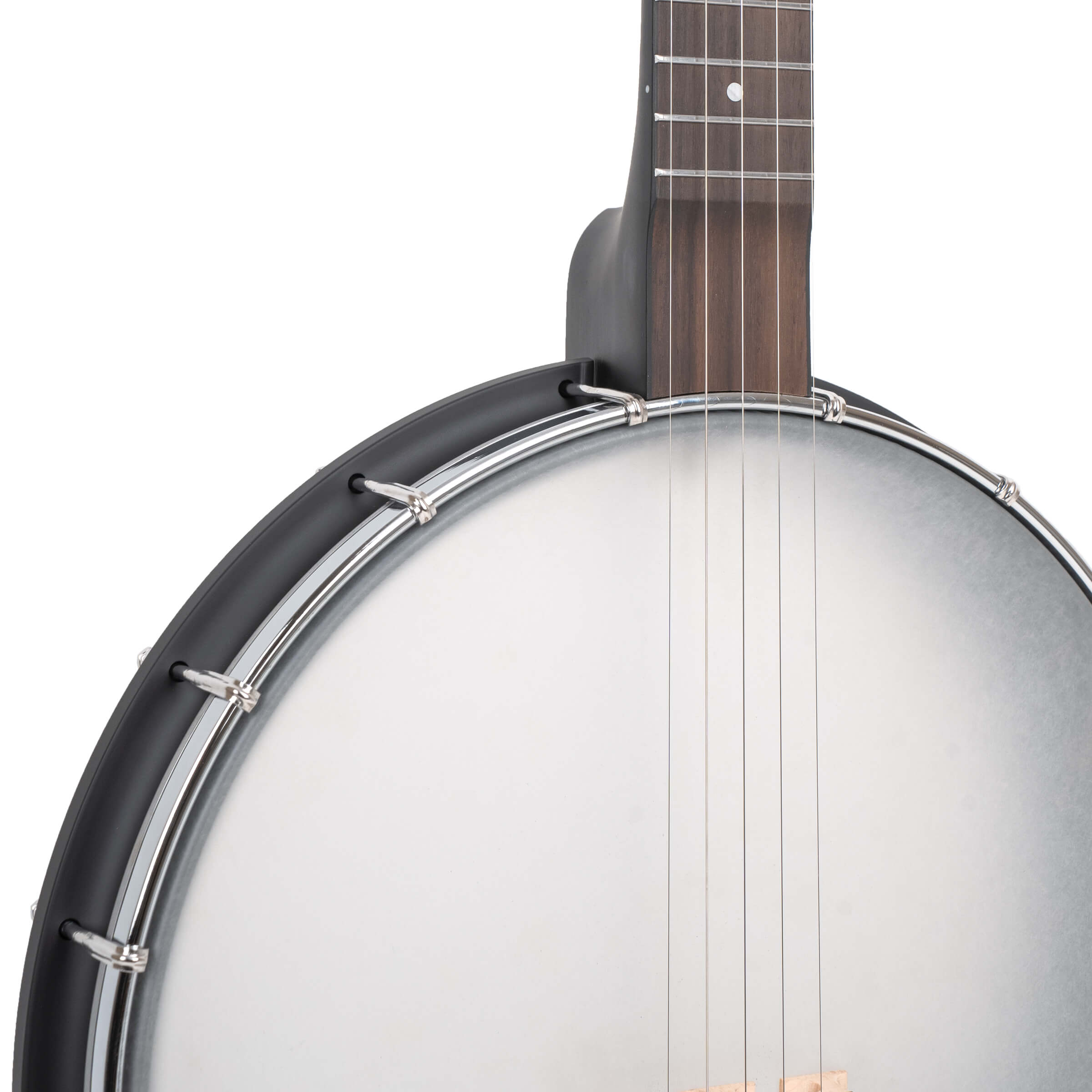 Gold Tone AC-12 banjo front angle view highlighting black ABS binding and chrome hardware