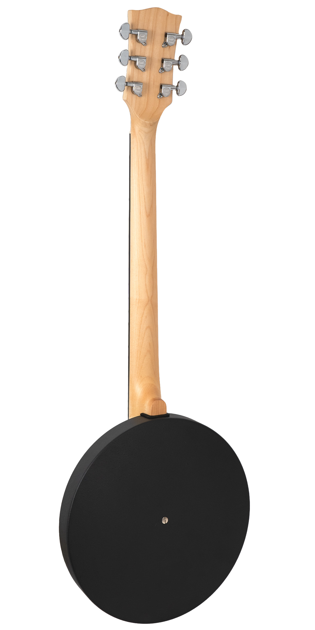 Gold Tone AC-6+/L left-handed banjitar back detail showing coordinator rod access and binding