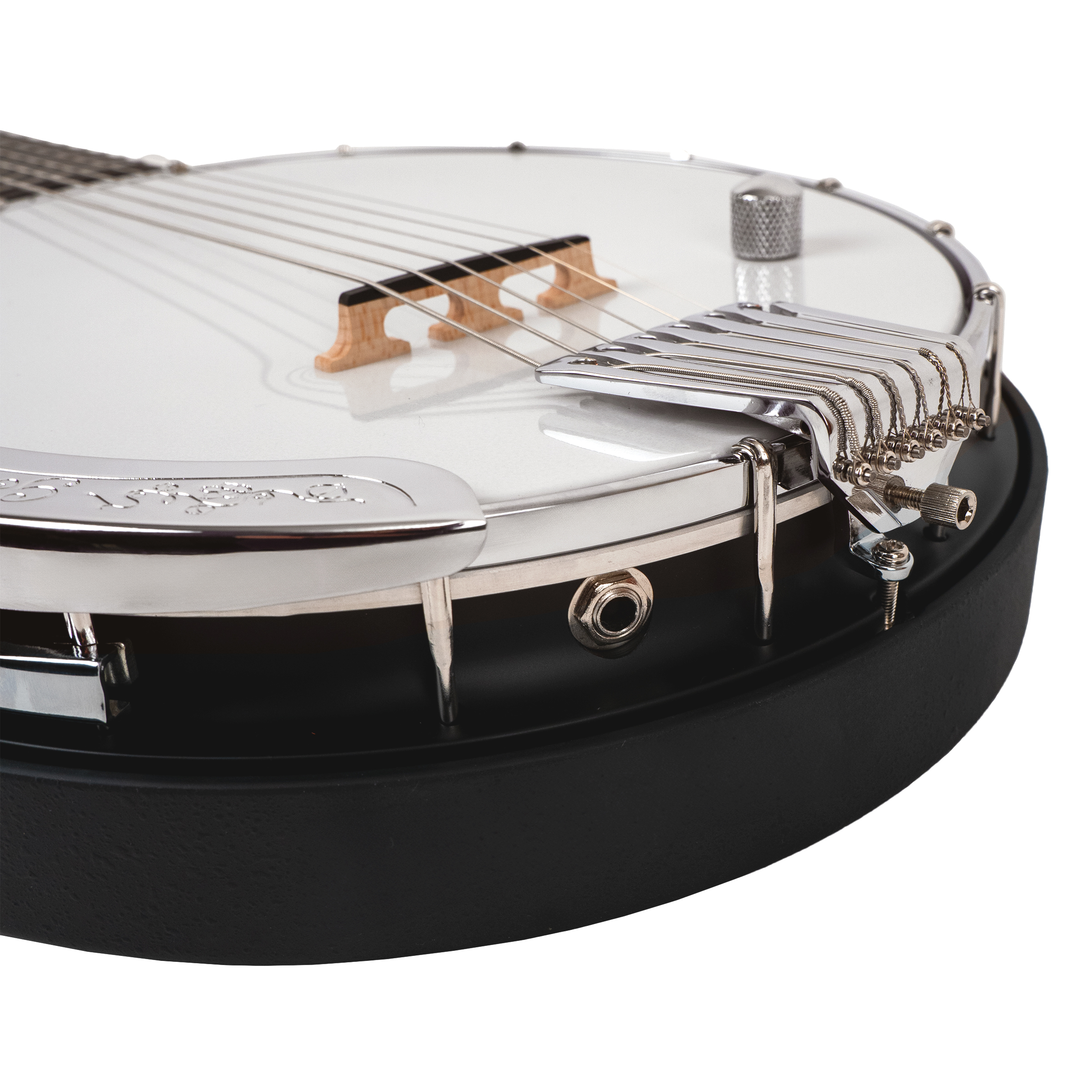 Gold Tone AC-6+ left-handed banjitar body detail showing composite resonator and chrome hardware