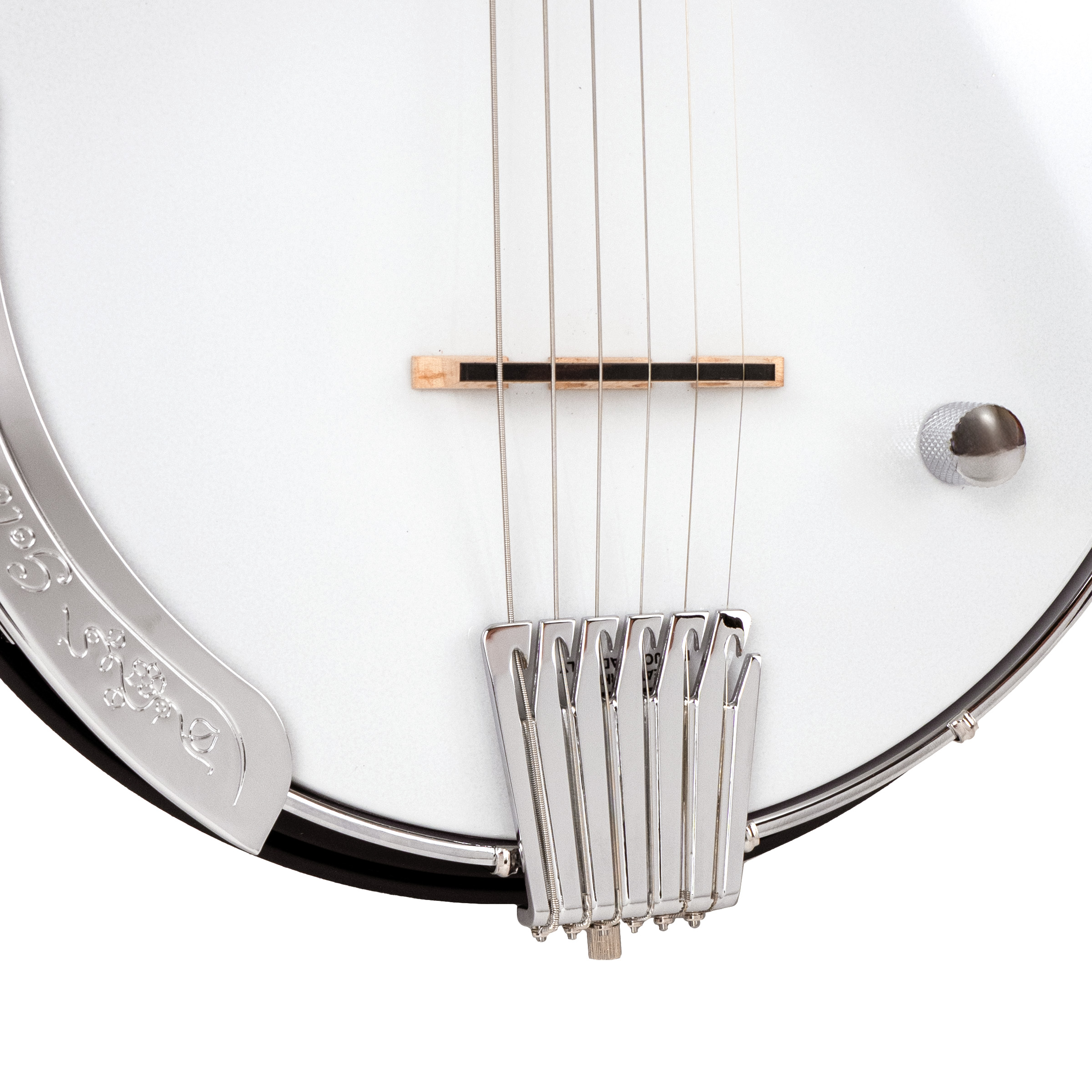 Gold Tone AC-6+/L left-handed banjitar front angle view showing maple neck and dot inlays