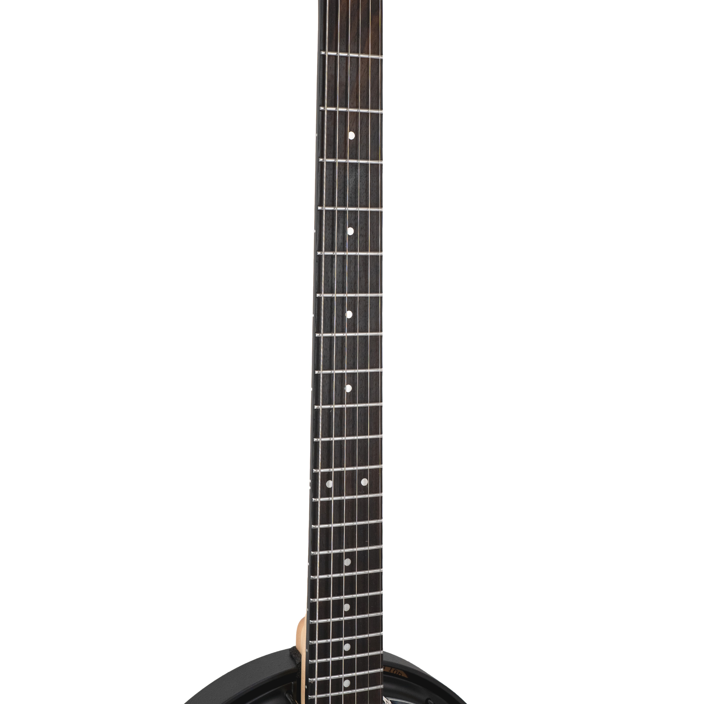Gold Tone AC-6+/L left-handed banjitar neck detail with radiused rosewood fingerboard and dot inlays