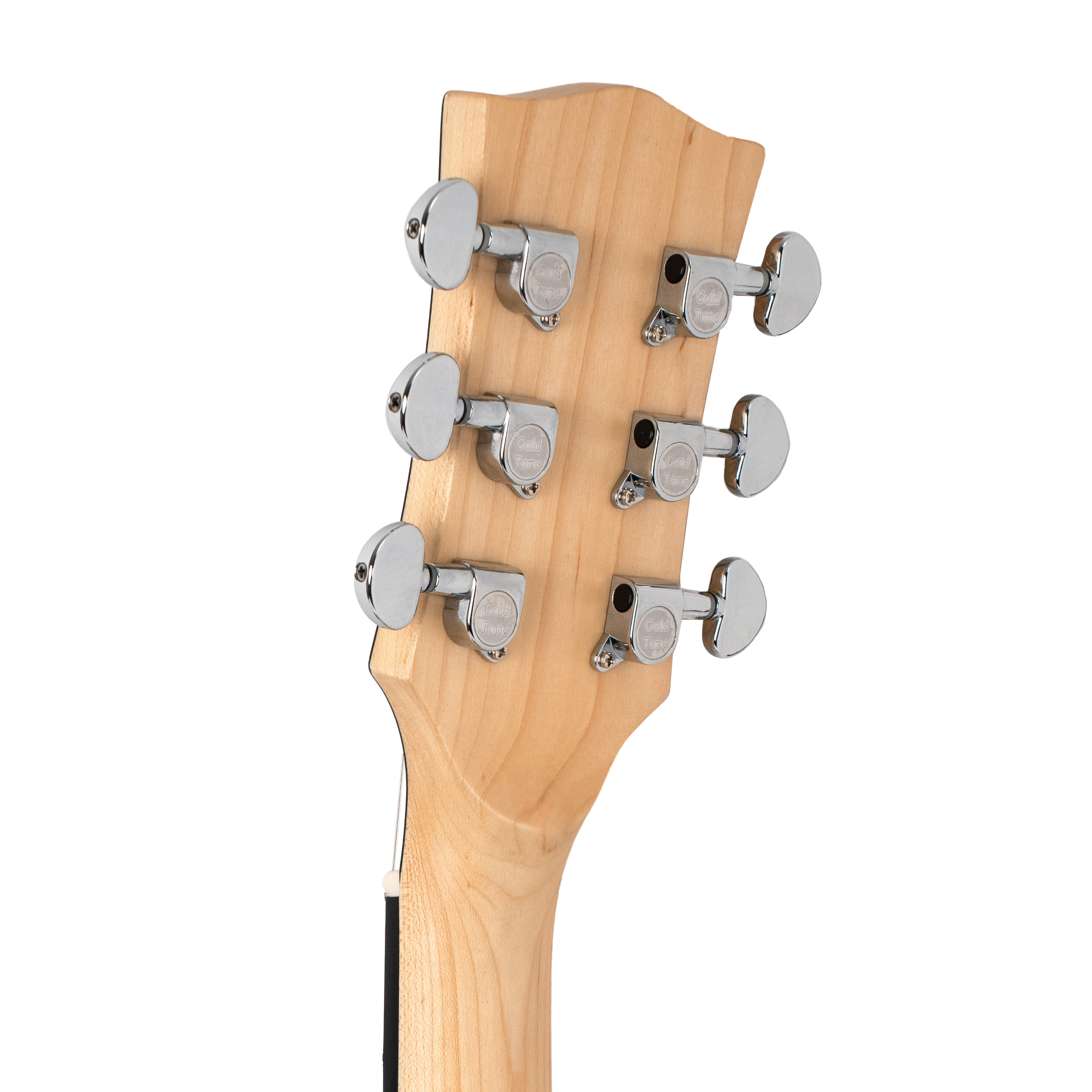 Gold Tone AC-6+/L left-handed banjitar headstock close-up showing metal tuner buttons and logo