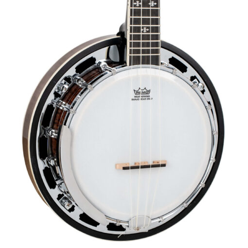 Gold Tone Banjolele-DLX left-handed full front view with chrome hardware and cream binding