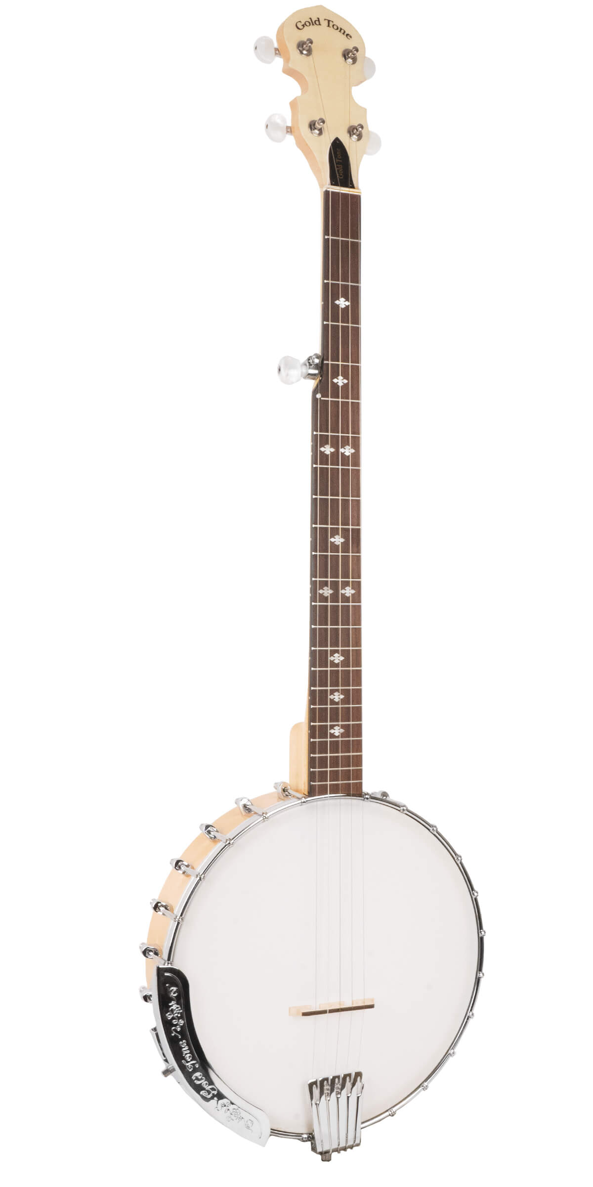 Gold Tone CC-100R+/L left-handed Cripple Creek banjo front view in natural high gloss finish