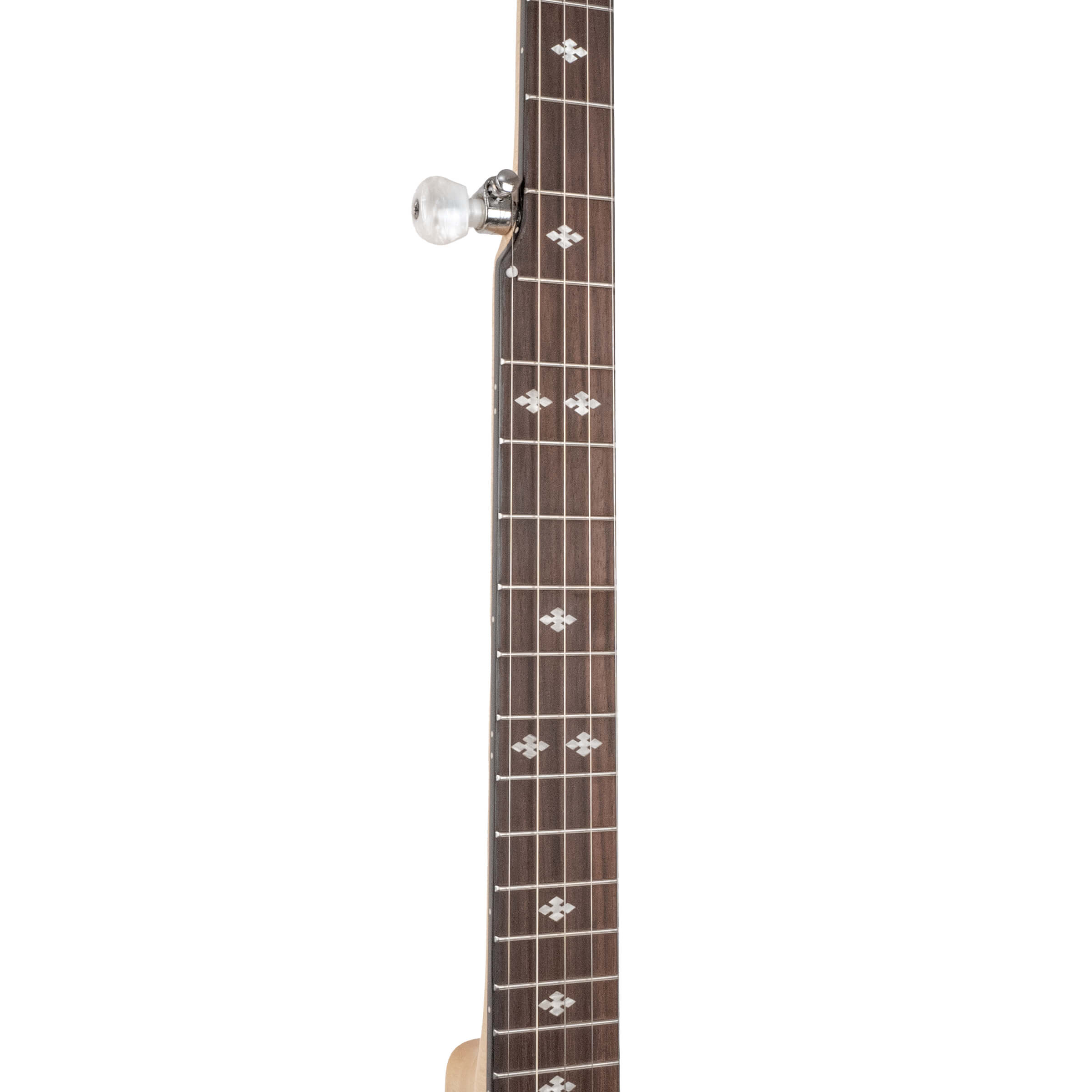 Gold Tone CC-100R+/L left-handed banjo neck detail showing rosewood fretboard and snowflake inlays