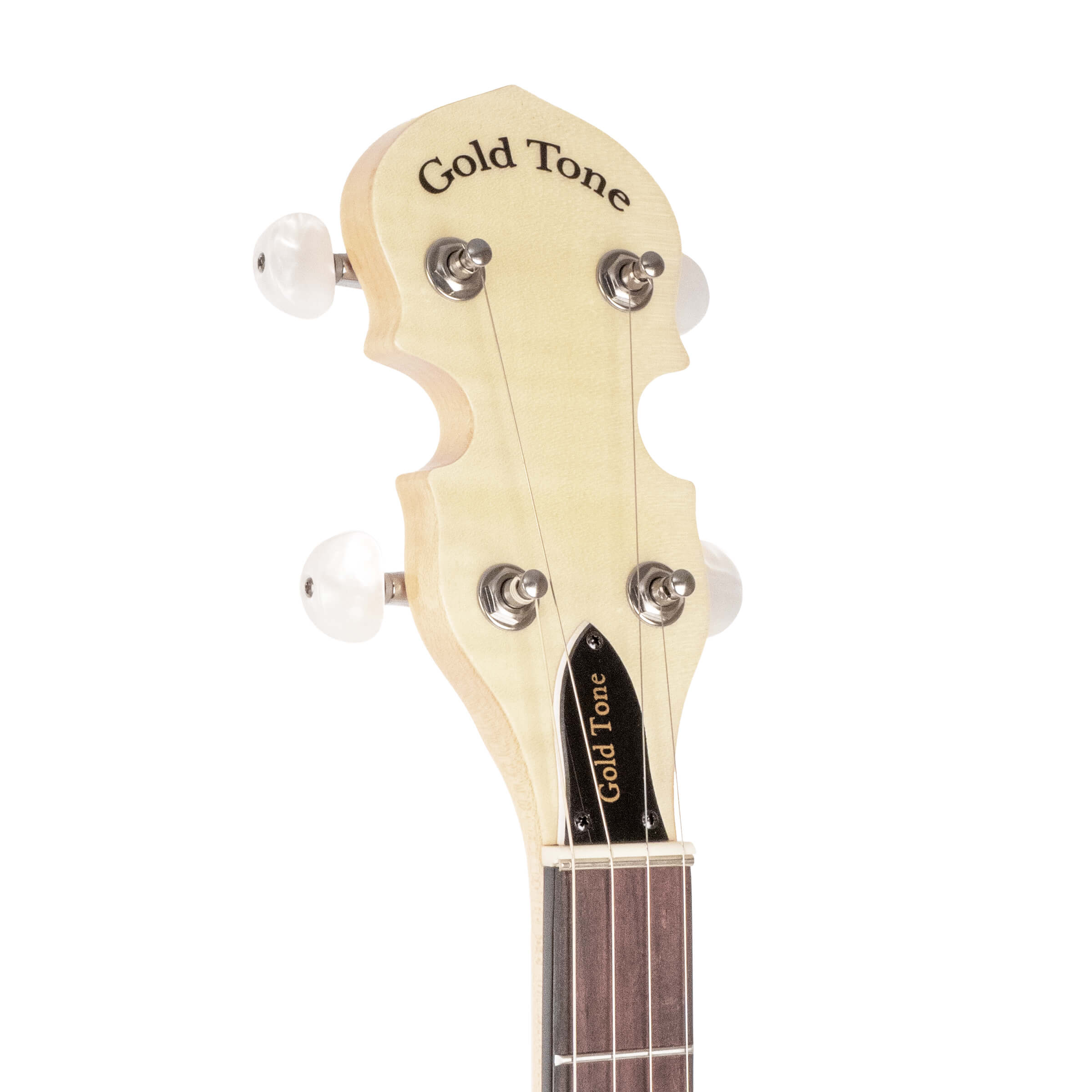 Gold Tone CC-100R+/L left-handed banjo headstock showing B-style buttons and sealed tuners