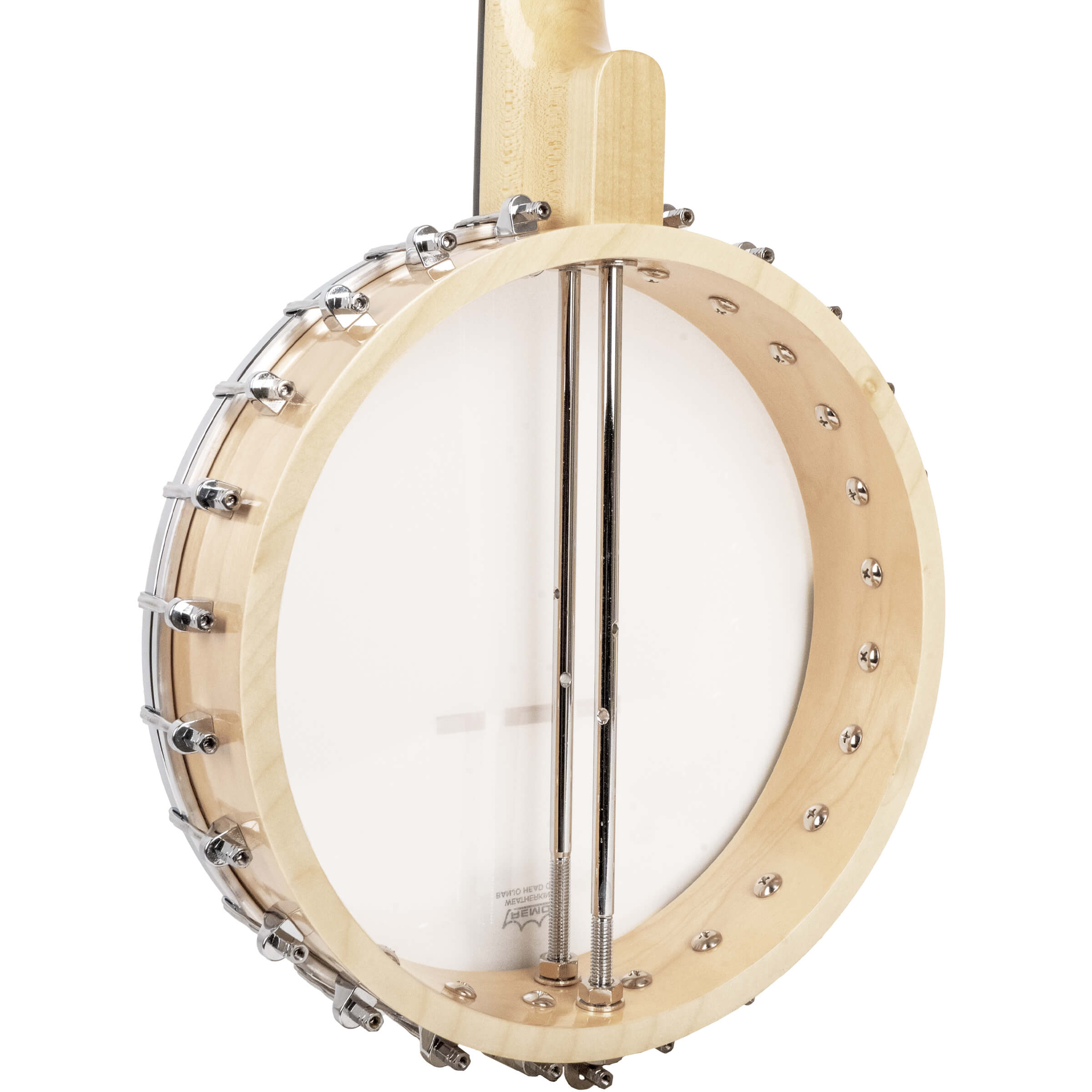 Gold Tone CC-100R+/L left-handed banjo back detail showing dual coordinator rods and natural finish