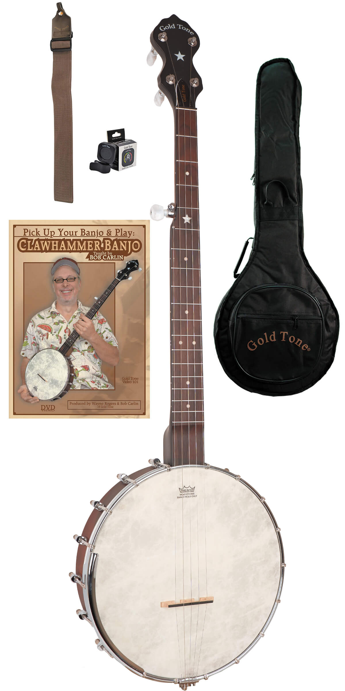 Gold Tone CC-OT clawhammer banjo full front view showing vintage brown satin finish and Fiberskyn head