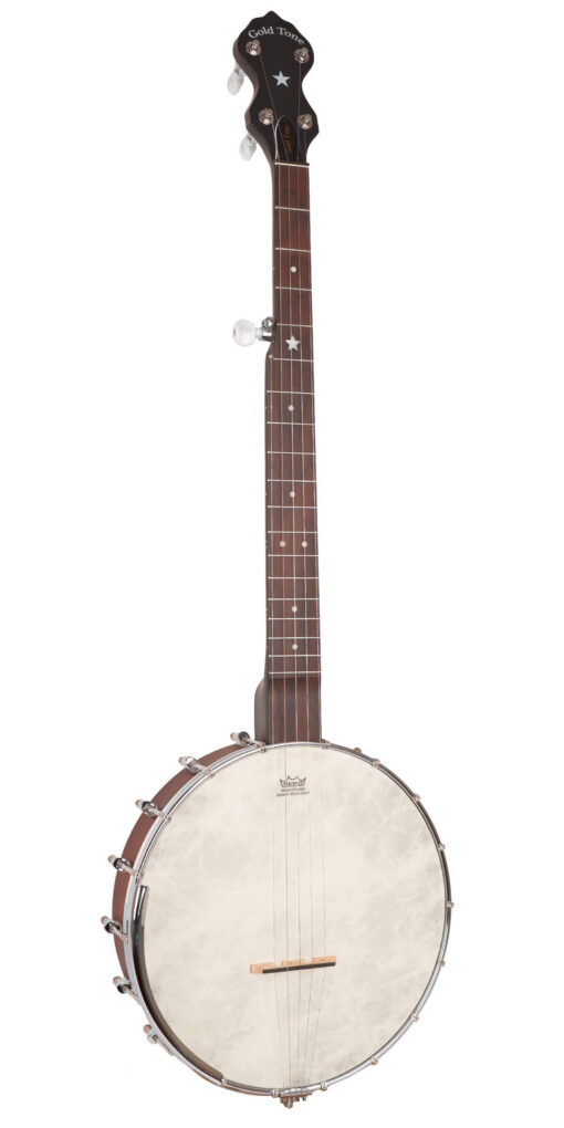 Gold Tone CC-OT open-back banjo front angle view with rolled-brass tone ring visible