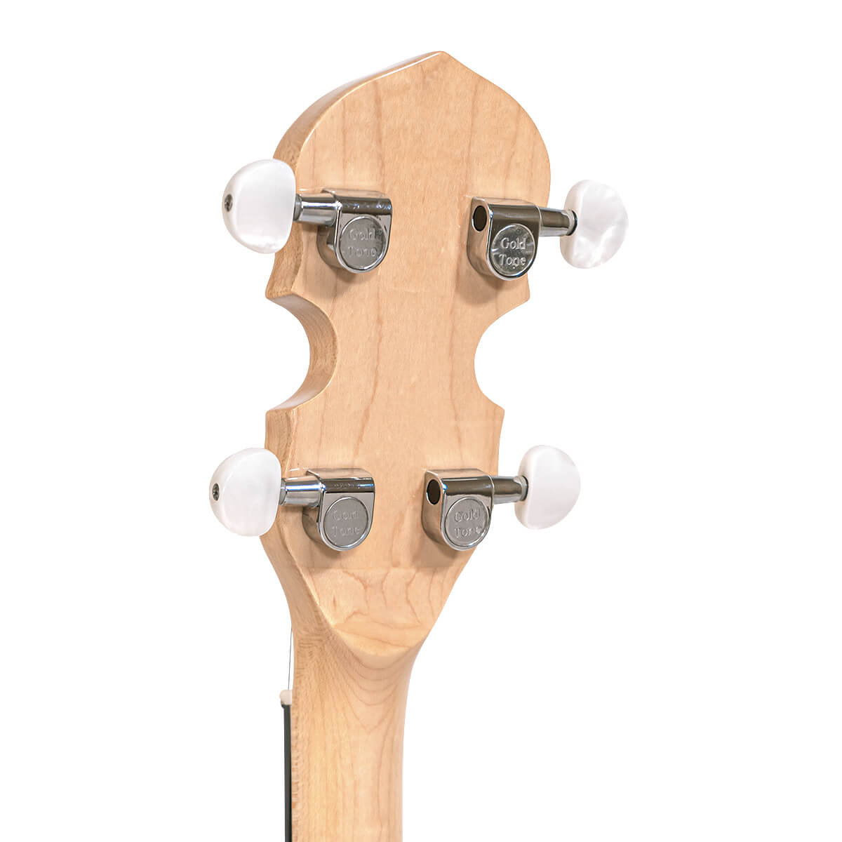 Gold Tone CC-Tenor tenor banjo headstock detail with Gold Tone logo and sealed guitar-style tuners