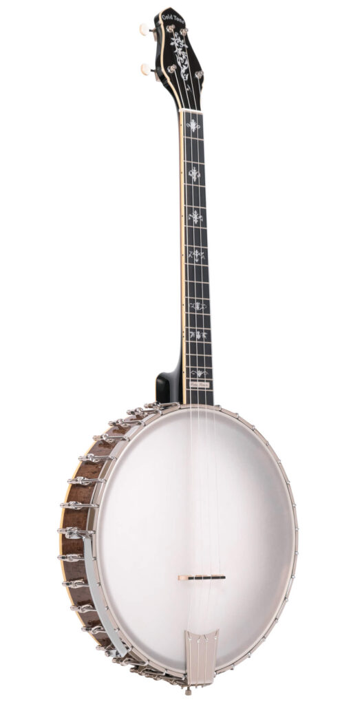 Gold Tone CEB-4/L left-handed cello banjo front view, vintage brown finish with nickel hardware