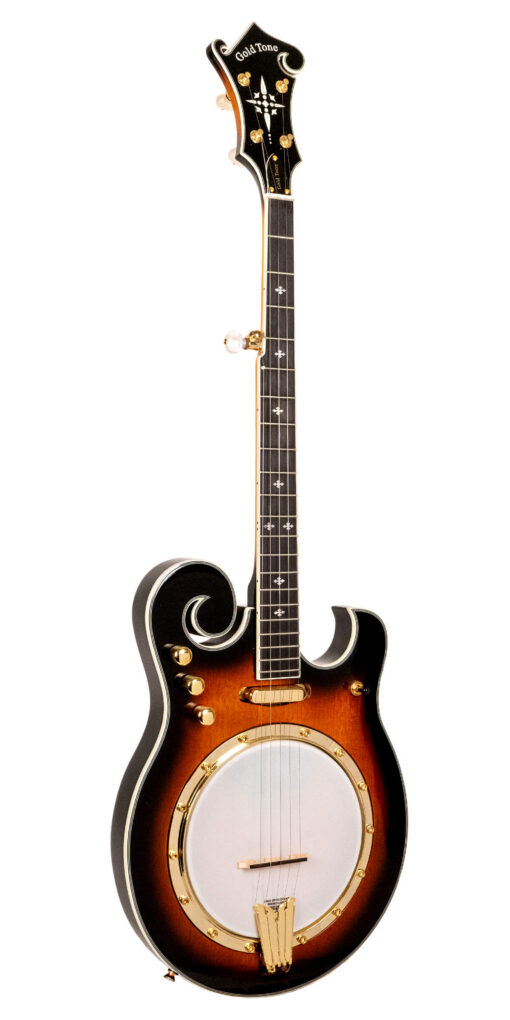 Gold Tone EBM-5/L left-handed electric banjo front view in tobacco sunburst finish with gold hardware