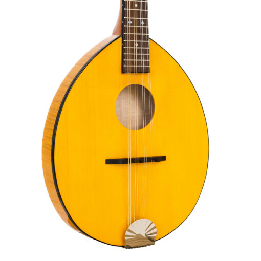 Gold Tone GM-10 left-handed flat-back mandolin front angle showing body contour and black ABS binding