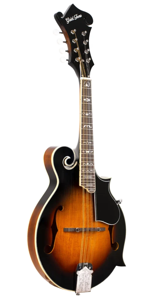 Gold Tone GM-35 Left-Handed F-Style Mandolin front view showing new headstock design in tobacco sunburst finish