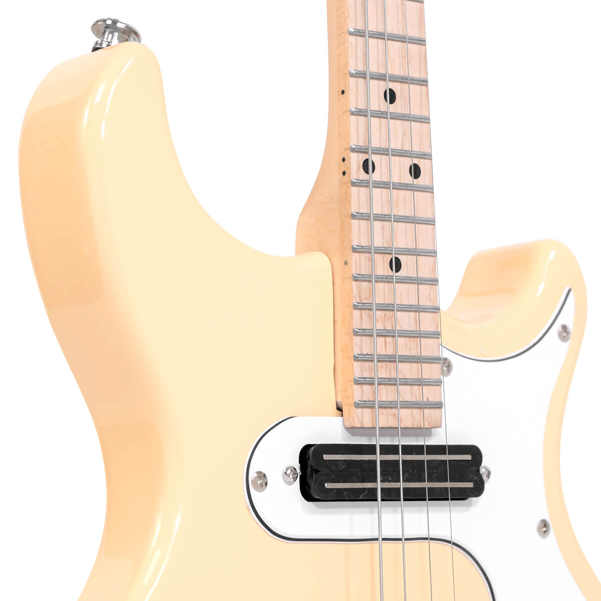 Gold Tone GME-6 left-handed solid body mandolin front detail showing pickguard and humbucker