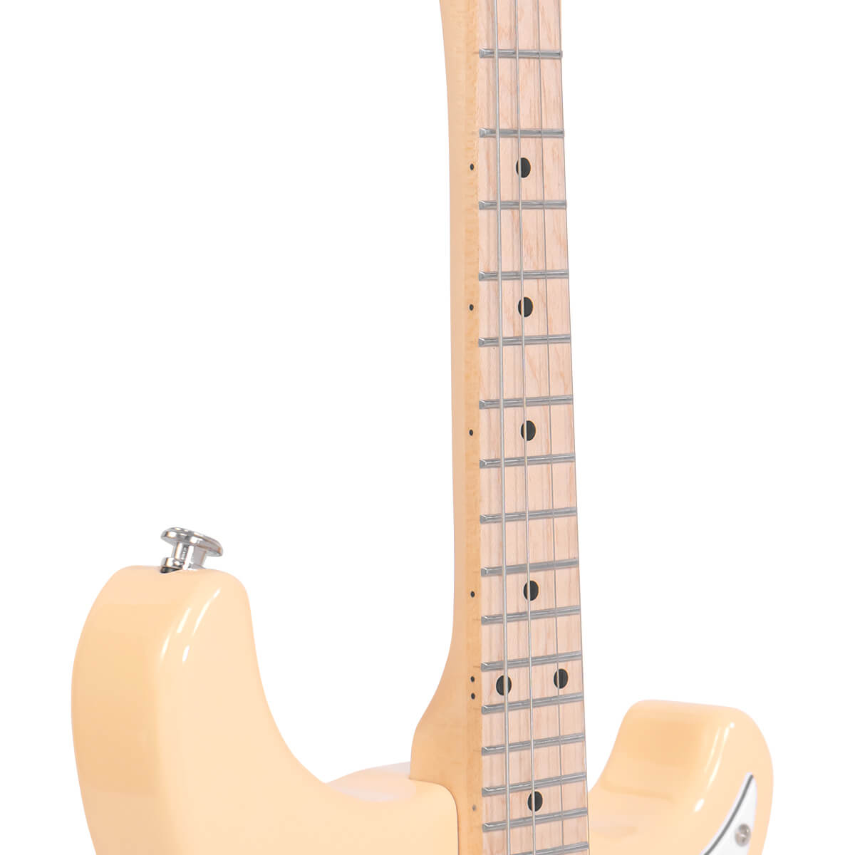 Gold Tone GME-6/L left-handed electric mandolin neck detail showing maple fingerboard and dot inlays