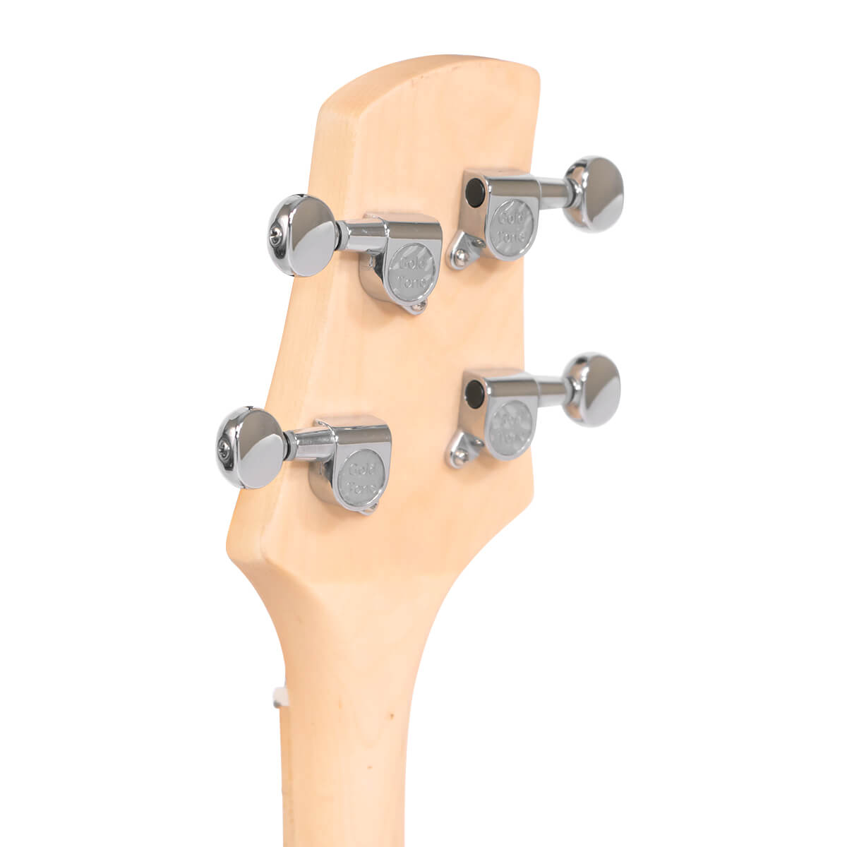 Gold Tone GME-6 left-handed headstock detail with metal tuner buttons