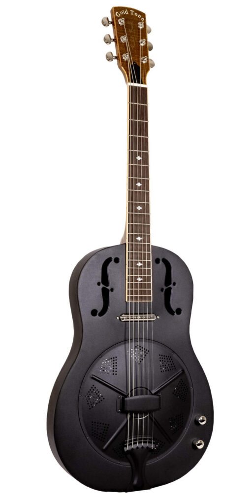 Gold Tone GRS/L left-handed metal body resonator guitar front view with textured steel finish and chrome hardware